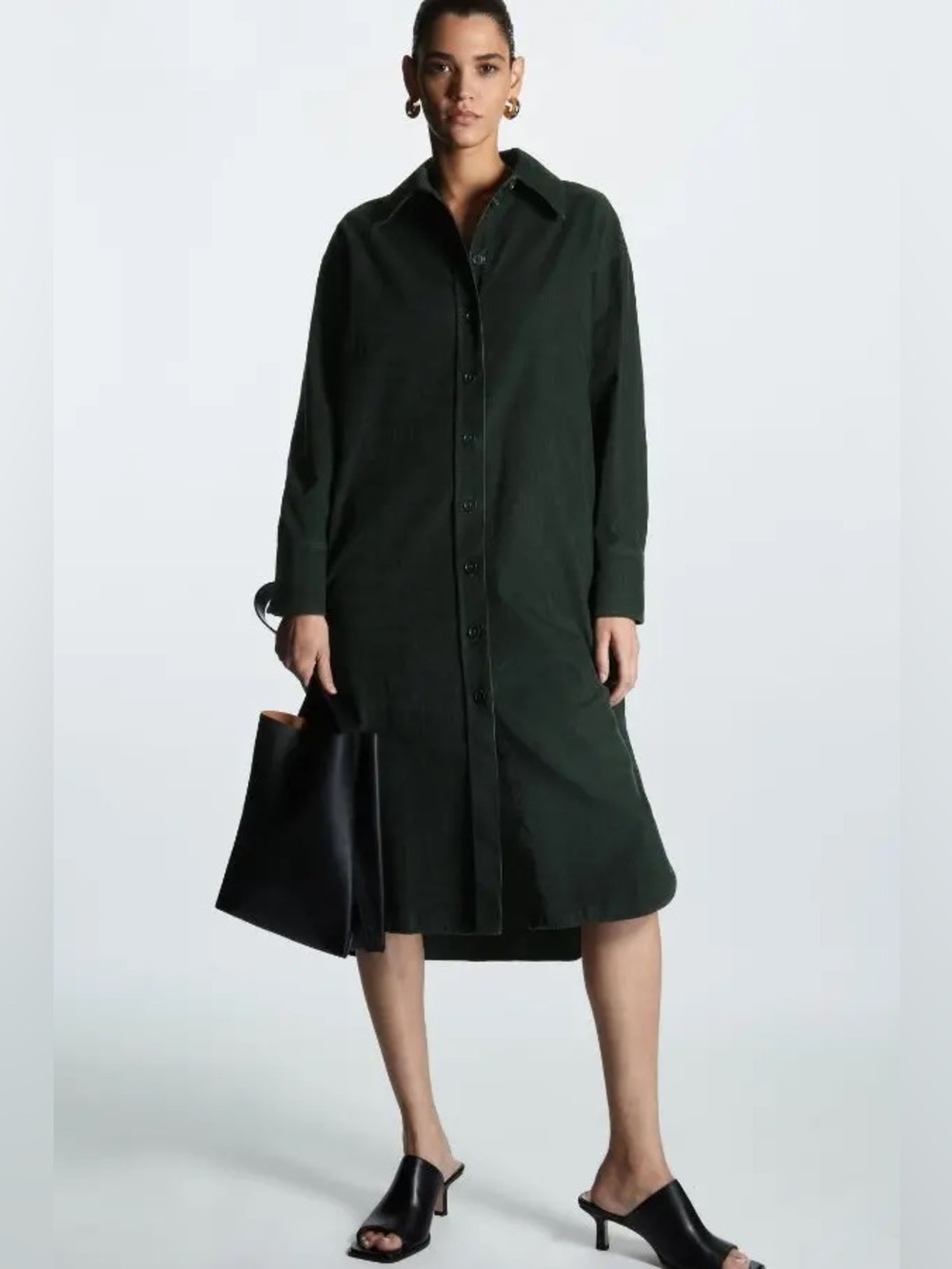 COS Dark Forest Green Long-Sleeve Shirt Dress in Size 14